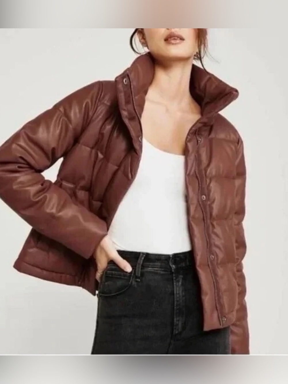 Abercrombie Brown Leather Puffer Jacket - Picture 2 of 4